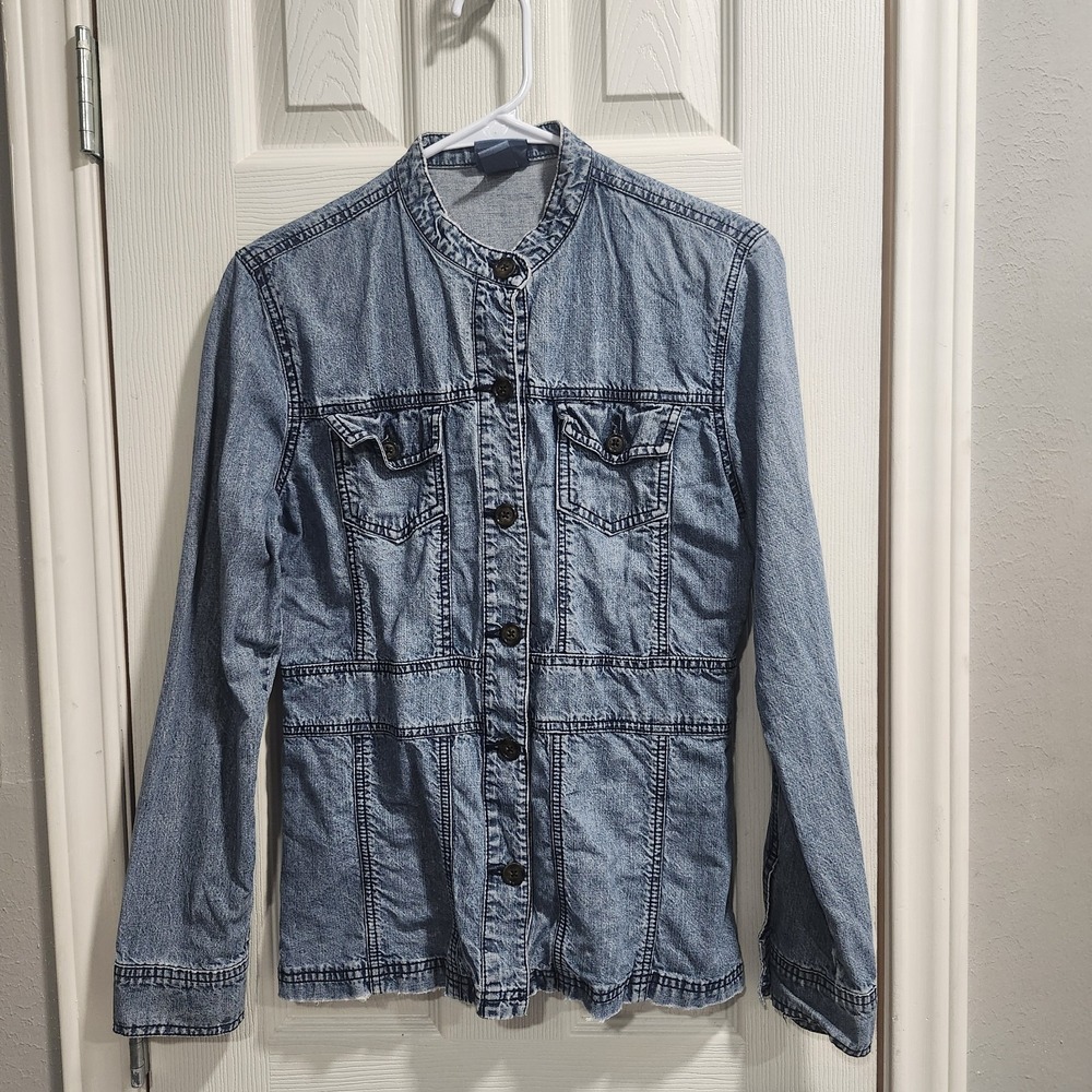 Classic Elements Denim Shirt Jacket Womens Small Band Collar Button Up